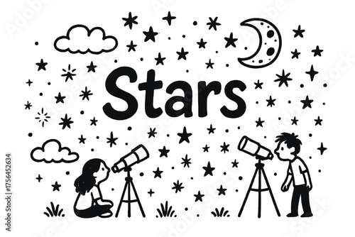 Doodle Stargazing Night. Doodle stargazing night with telescopes, stars, and moon, center word “Stars” in black and white isolated
