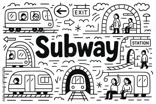 Doodle Subway Ride. Doodle subway ride with trains, tunnels, and passengers, center word “Subway” in black and white isolated
