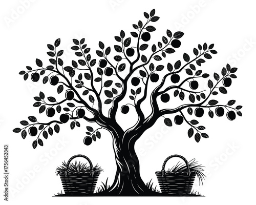 Silhouette of a fruit tree with two baskets of fruit on the ground