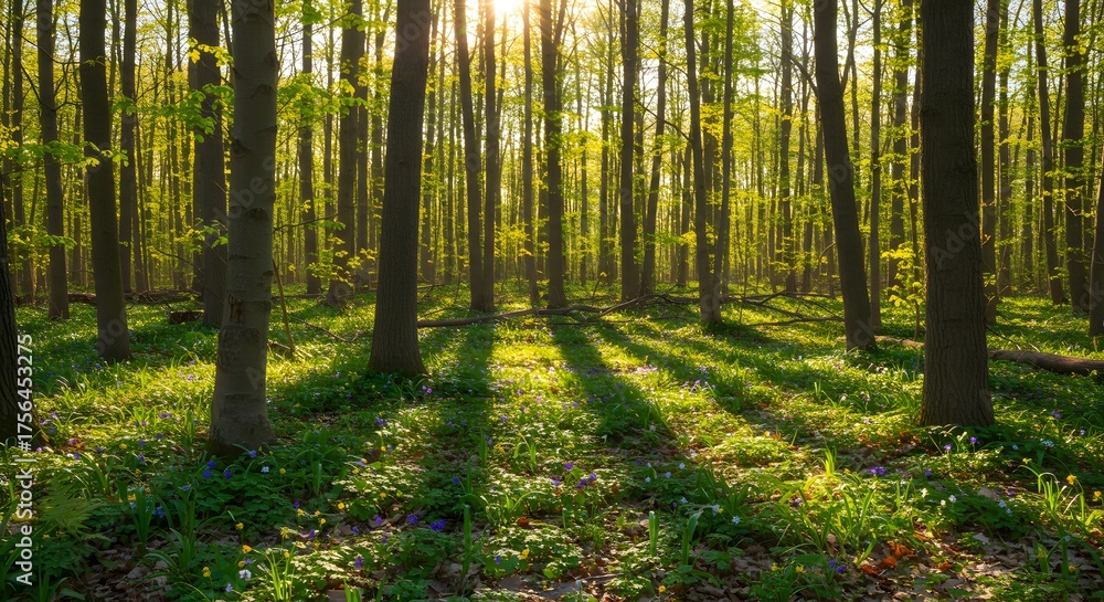 Fototapeta premium Sunlight streams through a lush forest canopy, illuminating the vibrant green undergrowth
