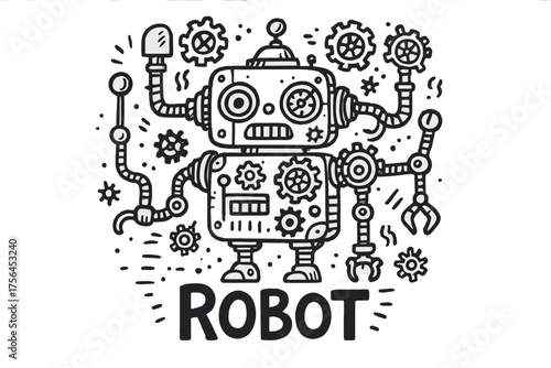 Steampunk Robot Doodle. Doodle steampunk robot with levers, pipes, and gears, center word “Robot” in black and white isolated