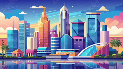 Very beautiful skyline panorama of Mobile, Alabama, USA, featuring modern skyscrapers, waterfront views, and a vibrant downtown illuminated under a bright clear sky.