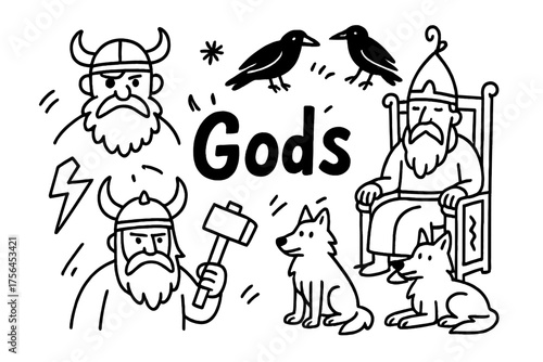 Viking Gods Doodle. Doodle viking gods with ravens, wolves, and thrones, center word “Gods” in black and white isolated