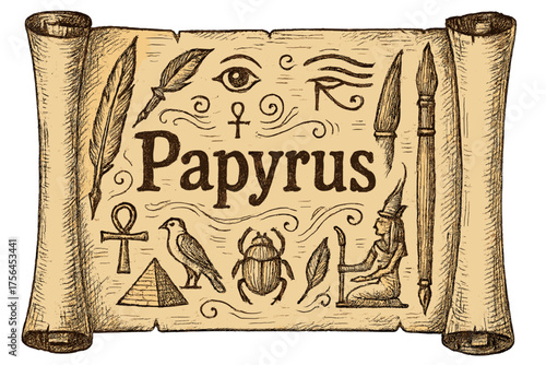Papyrus Scroll Design. Hand-drawn papyrus scroll with pens, inks, and symbols, center word “Papyrus” in black and white isolated