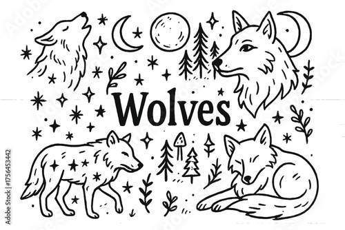 Mystical Wolf Doodles. Doodle mystical wolves with moons, stars, and forests, center word “Wolves” in black and white isolated