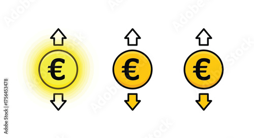 Vector illustration of three euro coins with up and down arrows indicating financial fluctuation