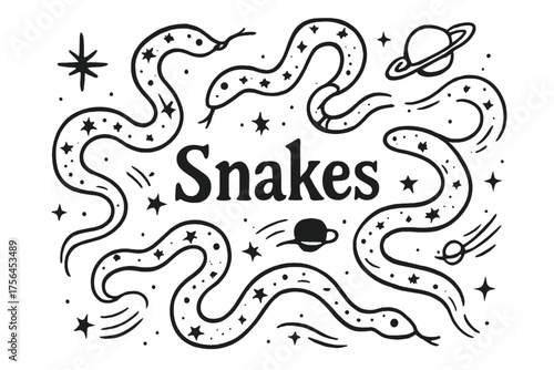 Cosmic Snakes Design. Hand-drawn cosmic snakes with stars, planets, and trails, center word “Snakes” in black and white isolated