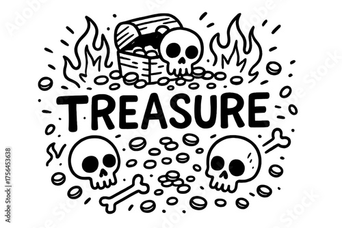 Cursed Treasure Doodle. Doodle cursed treasure with skulls, fire, and coins, center word “Treasure” in black and white isolated