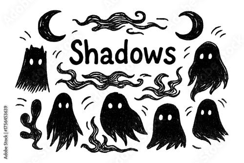 Glowing Doodle Shadows. Doodle shadows with glowing eyes, moons, and mist, center word “Shadows” in black and white isolated