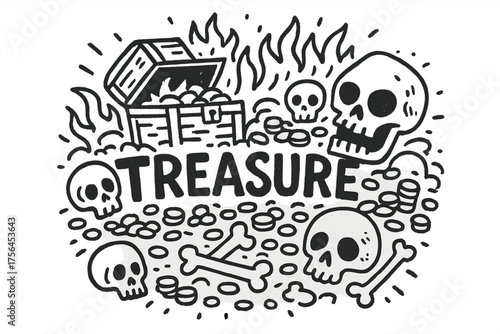 Cursed Treasure Doodle. Doodle cursed treasure with skulls, fire, and coins, center word “Treasure” in black and white isolated