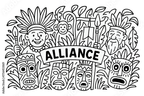 Jungle Chiefs' Alliance. Doodle jungle alliance with chiefs, masks, and banners, center word “Alliance” in black and white