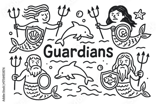 Ocean Guardians Art. Doodle ocean guardians with shields, tridents, and dolphins, center word “Guardians” in black and white