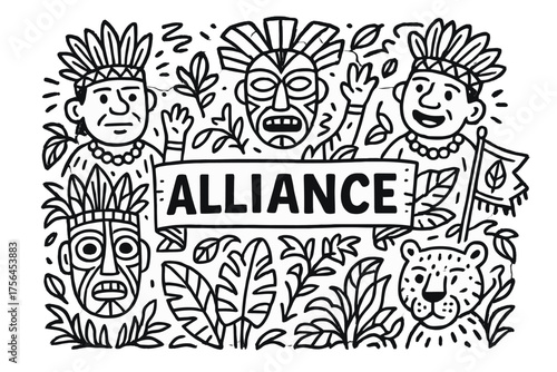 Jungle Chiefs' Alliance. Doodle jungle alliance with chiefs, masks, and banners, center word “Alliance” in black and white