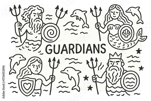 Ocean Guardians Art. Doodle ocean guardians with shields, tridents, and dolphins, center word “Guardians” in black and white