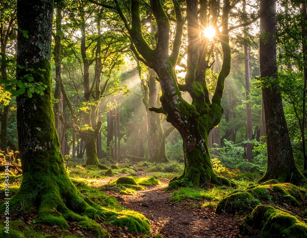 Obraz premium Sunlight streams through a moss-covered forest path, illuminating the trees