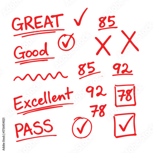 Adobe Illustrator Artwork png file, Handwritten school grading marks including great good excellent pass with checkmarks and numerical scores on white background