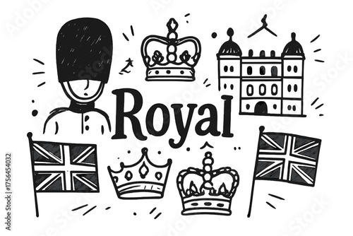 Royal Guard Sketch. Hand-drawn royal guard with crowns, palaces, and flags, center word “Royal” in black and white isolated