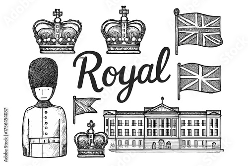 Royal Guard Sketch. Hand-drawn royal guard with crowns, palaces, and flags, center word “Royal” in black and white isolated