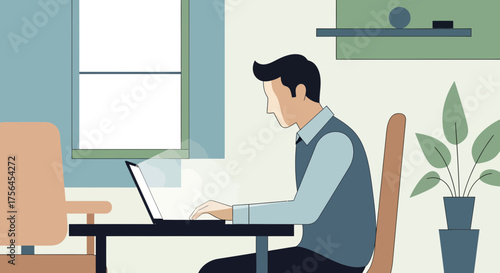 Young Professional at Home Office Desk, Digital Lifestyle Illustration, Modern Interior Space, Focused Environment