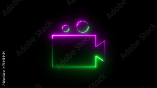glowing neon camera icon isolated , recording, and film themes. Social media video camera icon for app. camera frame pictogram photograph animated.4K video animation.