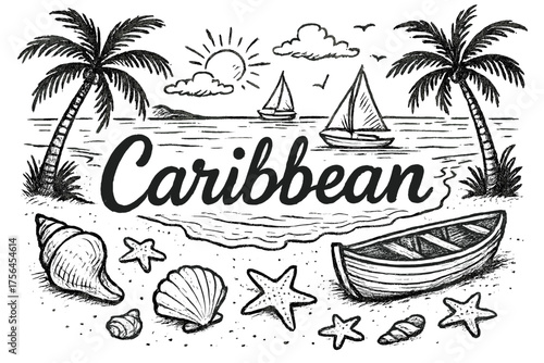 Caribbean Beach Scene. Hand-drawn caribbean beach with boats, shells, and stars, center word “Caribbean” in black and white