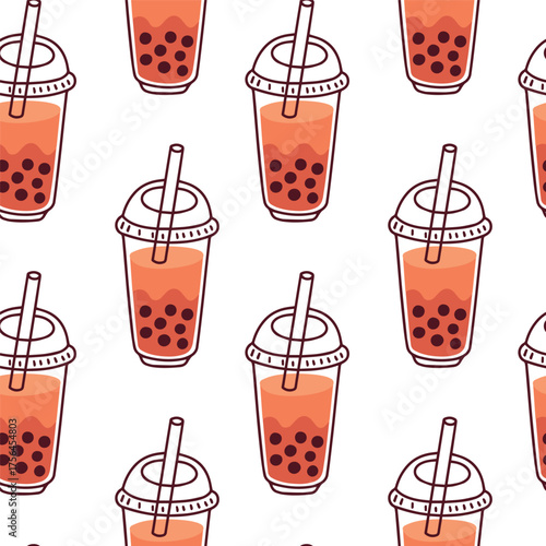 Seamless repeating pattern of red bubble tea drinks with tapioca pearls. Fun sweet beverage design for textiles and decoration.