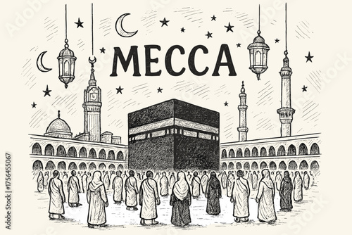 Mecca Pilgrims and Lanterns. Hand-drawn mecca scene with lanterns, pilgrims, and moons, center word “Mecca” in black and white
