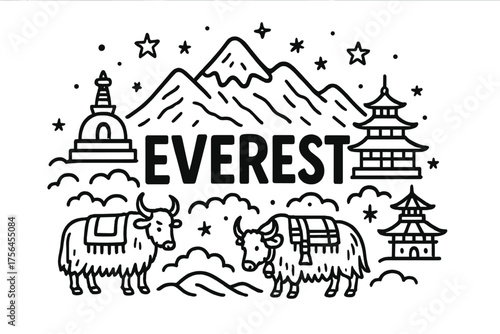 Nepali Everest Doodle. Doodle nepali everest with yaks, temples, and stars, center word “Everest” in black and white isolated