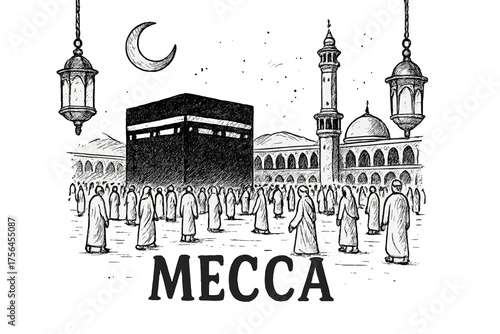Mecca Pilgrims and Lanterns. Hand-drawn mecca scene with lanterns, pilgrims, and moons, center word “Mecca” in black and white