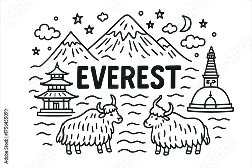 Nepali Everest Doodle. Doodle nepali everest with yaks, temples, and stars, center word “Everest” in black and white isolated