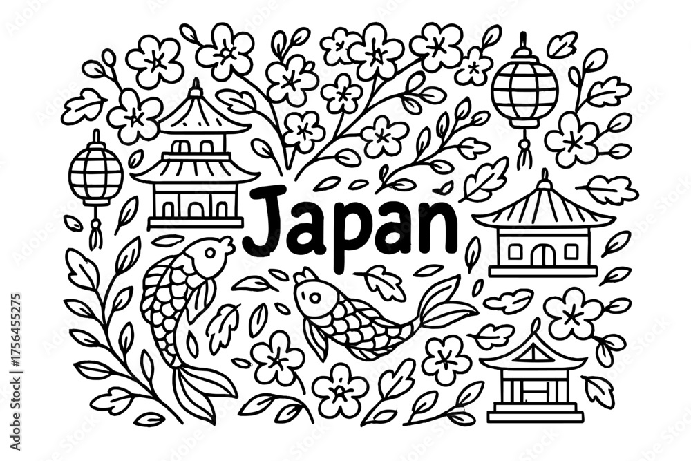 Obraz premium Sakura Doodle Japan. Doodle japanese sakura with temples, lanterns, and koi fish, center word “Japan” in black and white isolated