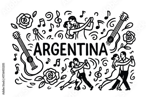 Argentinian Tango Doodle. Doodle argentinian tango with roses, guitars, and dancers, center word “Argentina” in black and white
