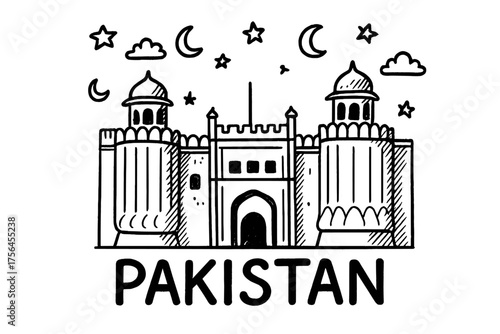 Lahore Fort Doodle. Doodle pakistani lahore fort with domes, moons, and stars, center word “Pakistan” in black and white isolated