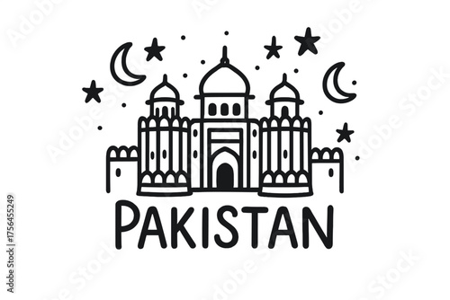 Lahore Fort Doodle. Doodle pakistani lahore fort with domes, moons, and stars, center word “Pakistan” in black and white isolated