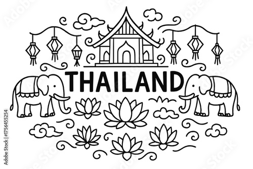 Thai Temple Doodle. Doodle thai temple with elephants, lanterns, and lotus flowers, center word “Thailand” in black and white