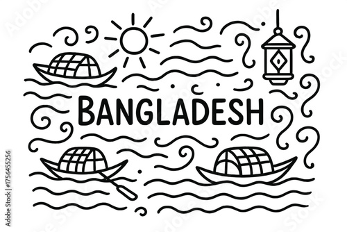 Bangladeshi Doodle Boats. Doodle bangladeshi boats with rivers, suns, and lanterns, center word “Bangladesh” in black and white