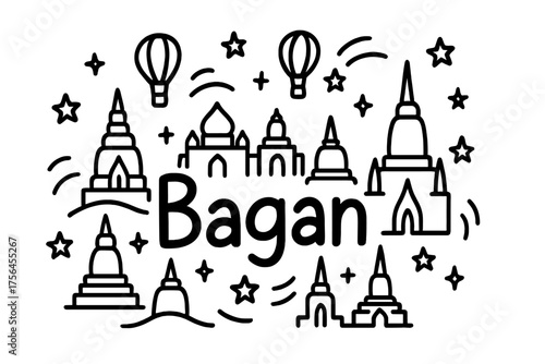 Bagan Doodle with Balloons. Doodle myanmar bagan with temples, balloons, and stars, center word “Bagan” in black and white