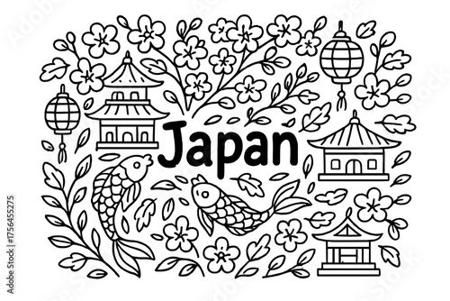 Sakura Doodle Japan. Doodle japanese sakura with temples, lanterns, and koi fish, center word “Japan” in black and white isolated