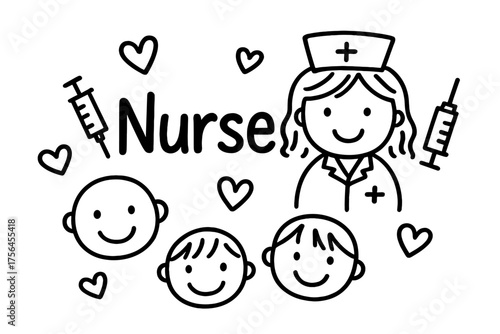 Doodle Nurse Design. Doodle nurse with hearts, syringes, and smiling patients, center word “Nurse” in black and white isolated