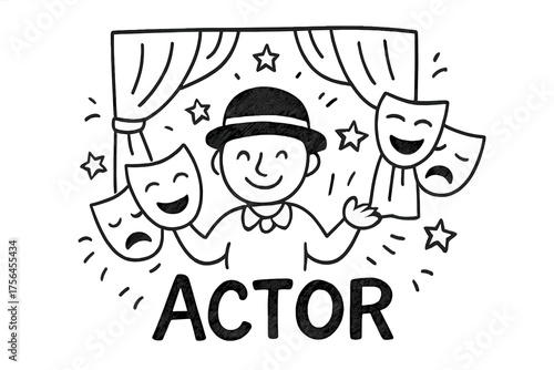 Theatrical Actor Doodle. Doodle actor with masks, curtains, and stars, center word “Actor” in black and white isolated transparent