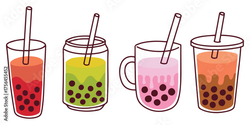 Assorted bubble tea drinks in colorful glass and plastic cups with tapioca pearls. Fun kawaii illustration for modern design.