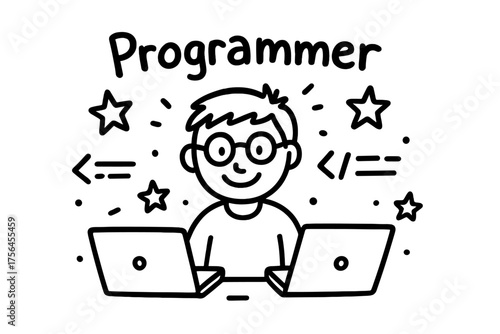 Doodle Programmer Art. Doodle programmer with laptops, code lines, and stars, center word “Programmer” in black and white isolated