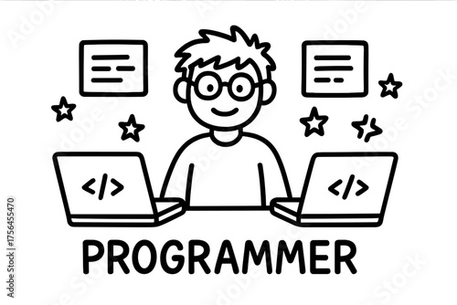 Doodle Programmer Art. Doodle programmer with laptops, code lines, and stars, center word “Programmer” in black and white isolated