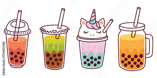 Illustrated row of colorful bubble tea drinks with tapioca pearls. Perfect for menu, banner, and cafe decoration design.