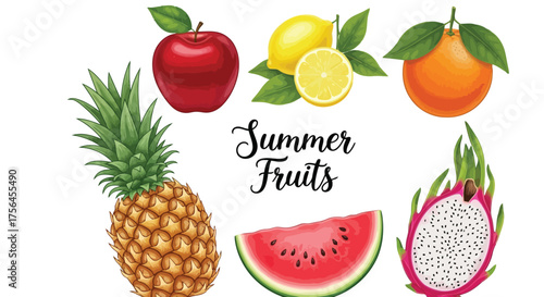 Vector illustration of a vibrant collection of summer fruits including apple, pineapple, lemon, orange, watermelon, and dragon fruit