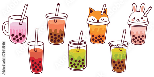 Illustration of assorted bubble tea drinks in mugs and cups with tapioca pearls. Playful and colorful cafe menu design element.