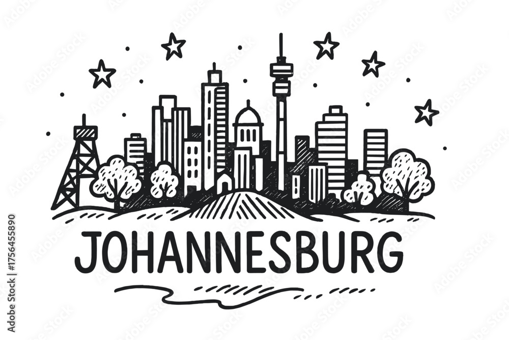 Obraz premium Johannesburg Skyline Doodle. Doodle johannesburg skyline with stars, mines, and trees, center word “Johannesburg” in black and