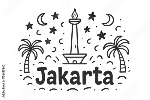 Jakarta Monument Doodle. Doodle jakarta national monument with stars, moons, and palm trees, center word “Jakarta” in black and