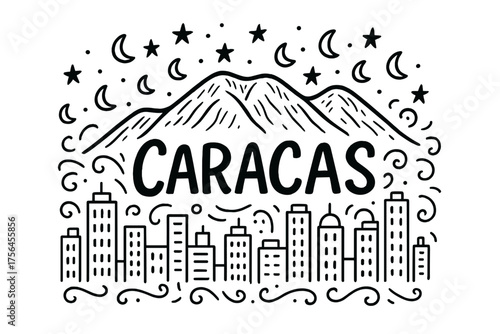 Doodle Caracas Skyline. Doodle caracas avila mountain with stars, moons, and skyline, center word “Caracas” in black and white