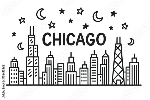 Chicago Skyline Doodle. Doodle chicago skyline with stars, moons, and skyscrapers, center word “Chicago” in black and white